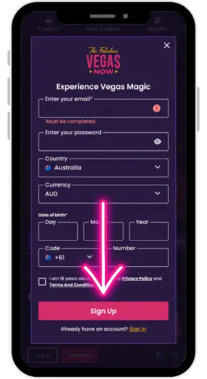VegasNow Casino official registration page Australia