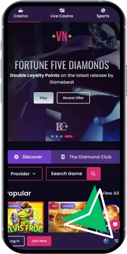 VegasNow iOS menu button